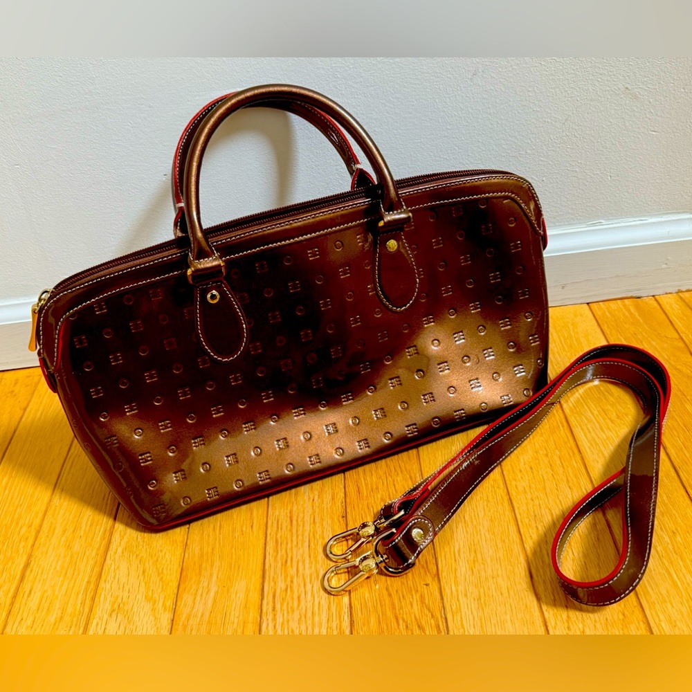 Arcadia Italian handbag Bronze Patent Leather  zip top shoulder strap satchel